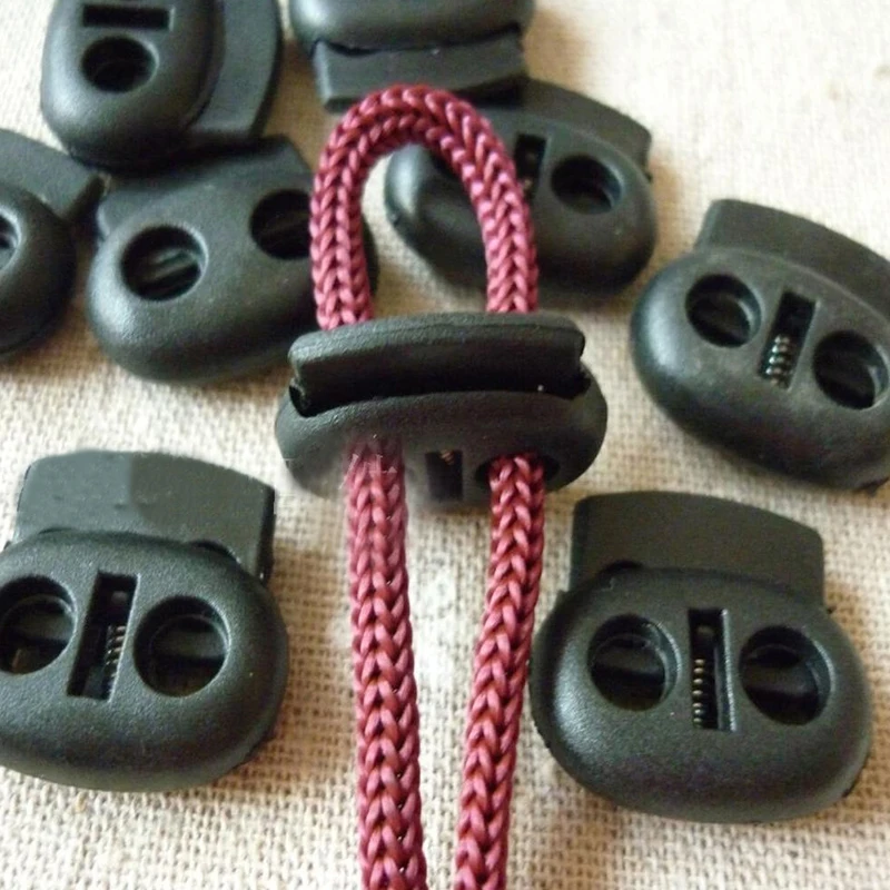 100Pcs Black Twin Hole Plastic Stopper Cord Locks Bean Drawstring Toggle Clip Apparel Shoelace Spring Button Size 4mm 5mm