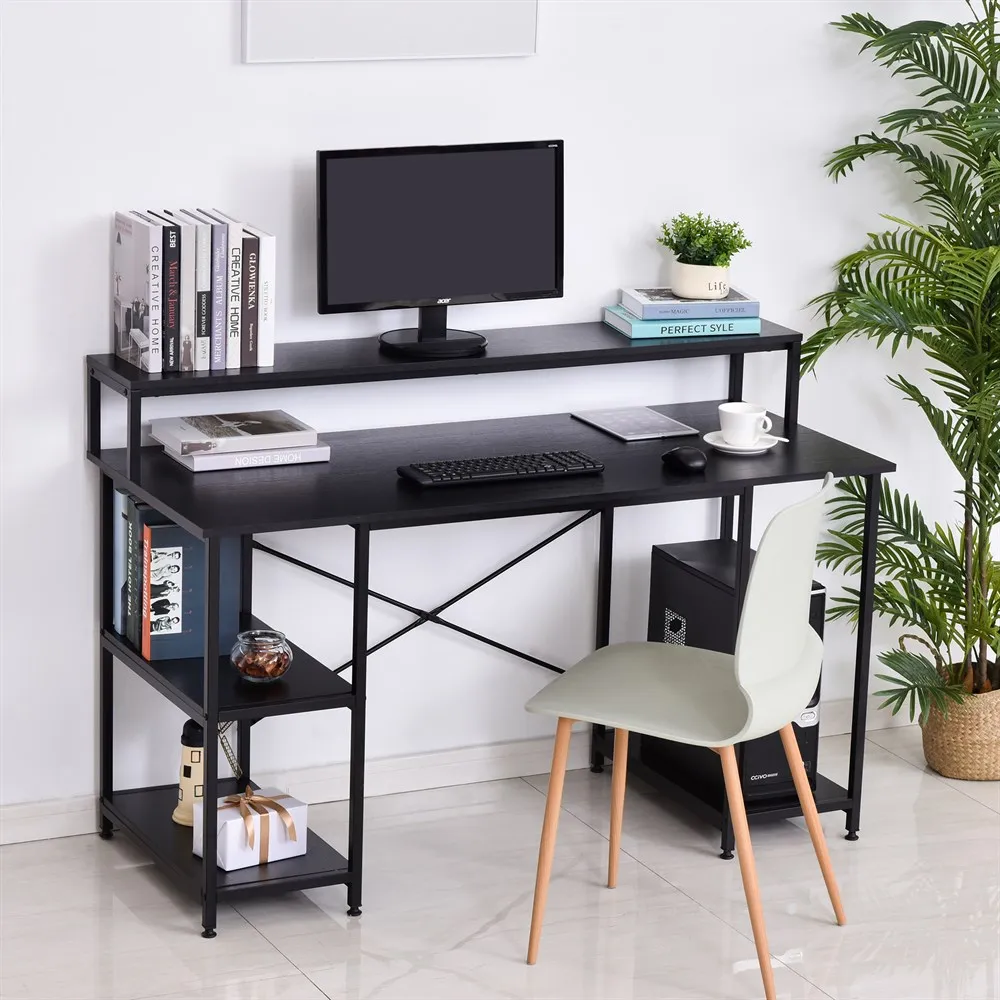 HOMCOM Mesa Computadora 3 Estantes Superior Patas Ajustables 140x60x93cm Negro