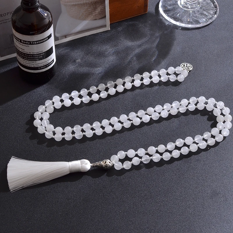 108 Mala Beaded 8mm White Jade Knotted Necklace Meditation Yoga Blessing Jewelry Women Fashion Charm Life Tree Tassel Rosary