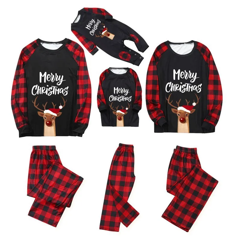 Elk Merry Christmas Family Matching Outfits Pajamas Winter Casual Loose Homewear Aldult Kid Match Sleepwear Baby Romper Red