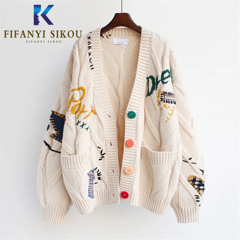 2020 Autumn Winter Women Cardigan Warm Knitted Sweater Jacket Pocket Embroidery Fashion Knit Cardigans Coat Lady Loose Sweaters