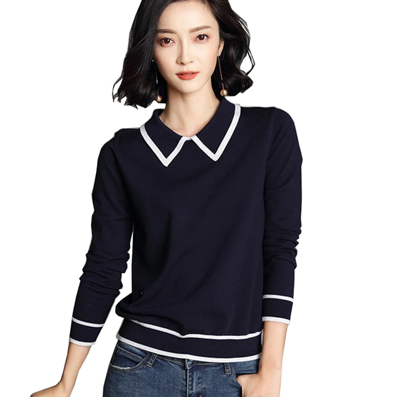 

Fashion Elegant Women Clothing Turn Down Collar Long Sleeve Pullover Knitted Sweaters Slim Women Tops Knitwear kz541