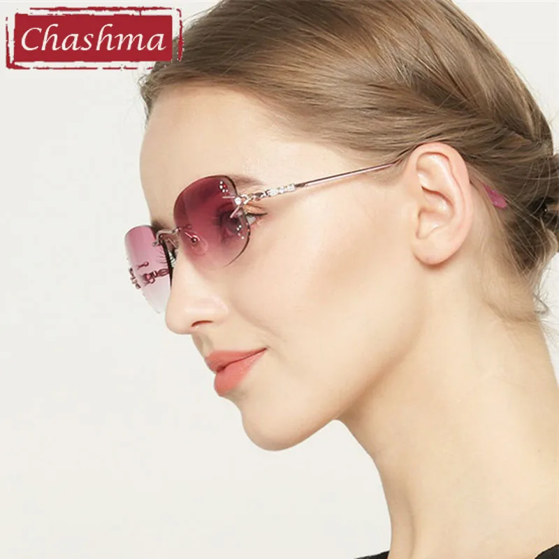 Chashma Rimless Sunglasses Pure Titanium Fashion Female Eye Glasses Diamond Trimmed Spectacle Frames Women Sunglasses Tint Lens