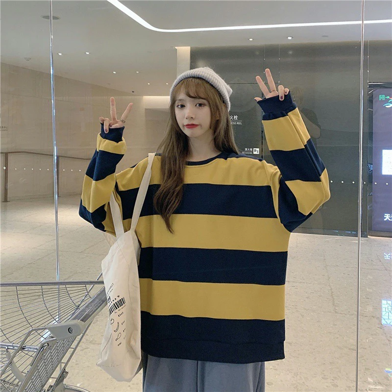 Fall Vintage Striped Long Sleeve Women T Shirts Korean Fashion Casual Harajuku Warm Oversized Streetwear Tops Black Yellow Green