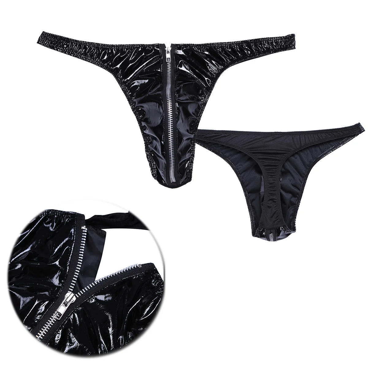 Olhar molhado couro envernizado cueca com zíper para homens, cuecas biquíni, cuecas sexy, tanga fio-dental, lingerie, pijamas, boate clubwear