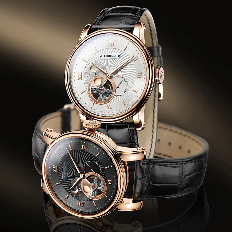LOBINNI Men Automatic Watch 40.5mm Mechanical Wristwatch Sapphire Mirror Skeleton Dial 24 Hours Sun-Moon