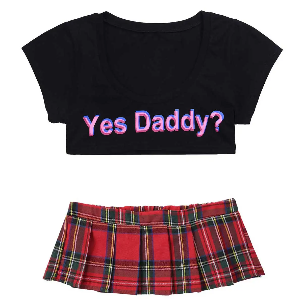 Womens Japanese Lingerie Parties Sexy School Girls Costumes Clubwear Yes Daddy? Letter Crop Tops with Mini Plaid Pleated Skirt