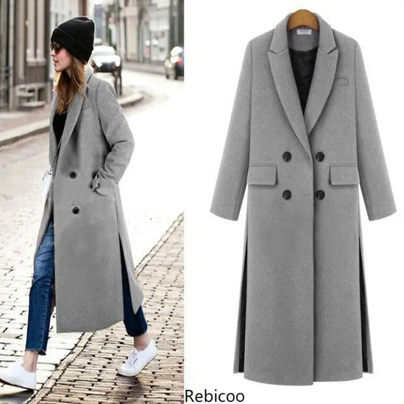 

Women Fall / Winter Simple Notched lapel Woolen Cashmere Long Coat Female Overcoat Manteau femme