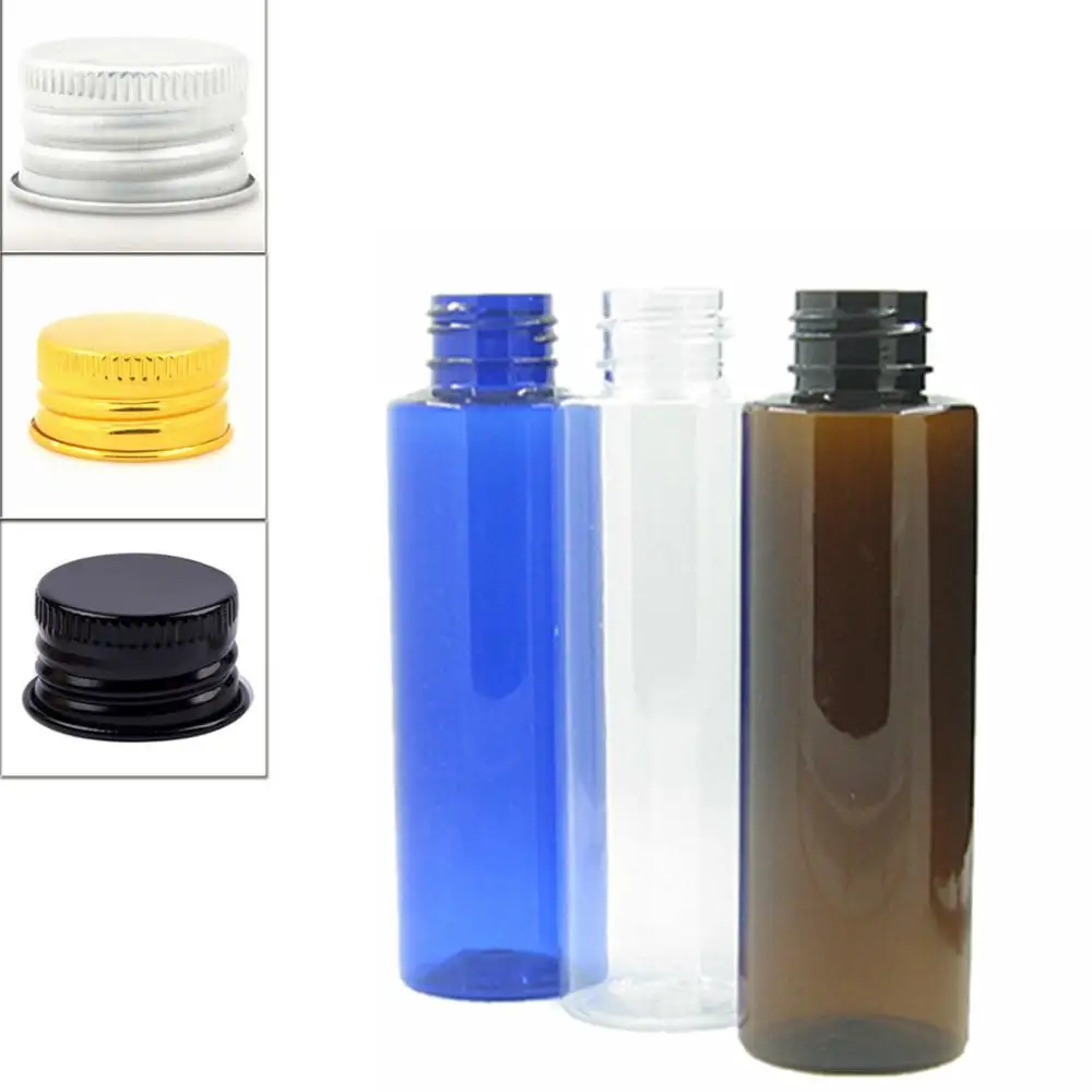 

30ml 100ml empty clear/blue/amber Cylinder Plastic Bottles pet bottle with silver/gold aluminum caps