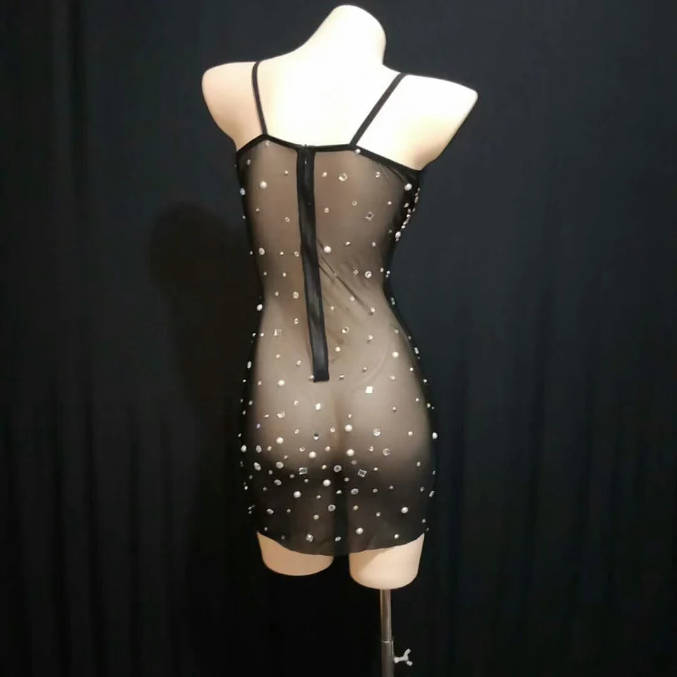 Sexy perspective Black Rhinestones Dress See-through Mesh Crystals Dress Party Celebration Dress Women Singer Nightclub Costumes