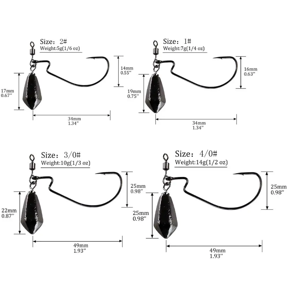 THKFISH 10pcs Offset Fishing Hooks 5g 7g 10g 14g Wide Crank Weight Lead Sinker Hook For Soft Lures #2 #1 #3/0 #4/0 Barbed Hook
