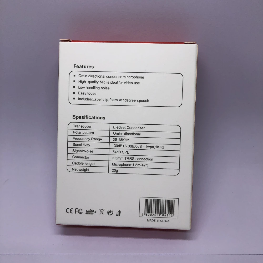 マイク付きミニラベリアコンデンサーボックス,ケーブル付きパッケージボックス,5000ユニット