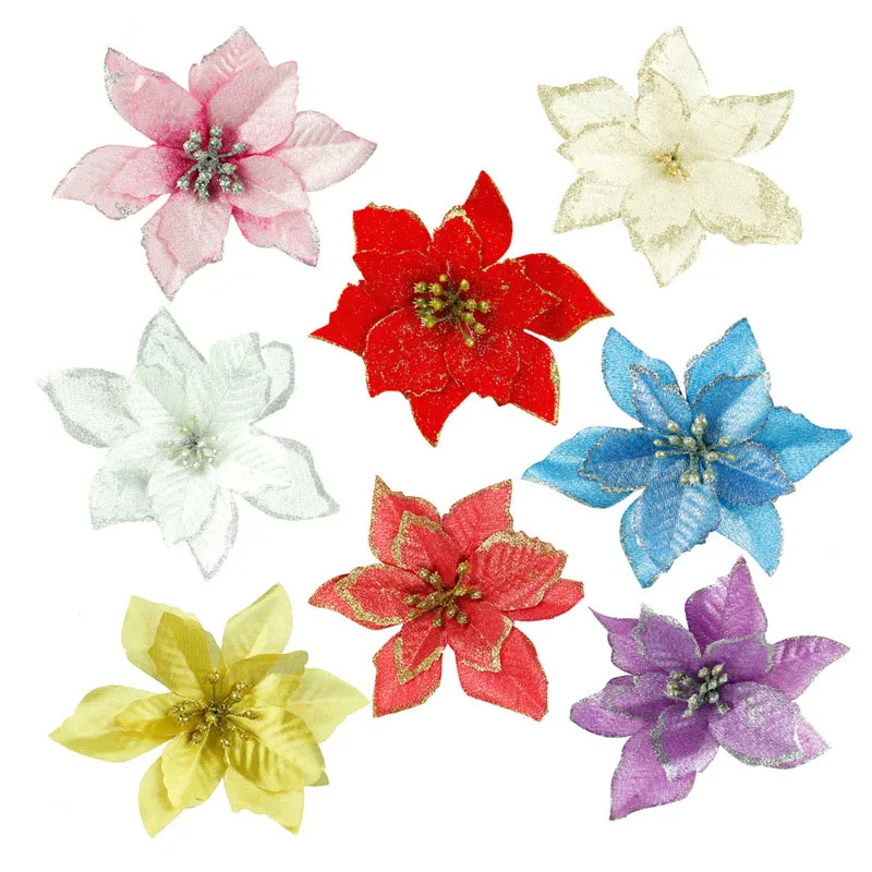 13cm Artificial Poinsettia Christmas Flower Decorations Silk Faux Bloom Berries Flower Christmas Tree Hang Flower Ornament Decor