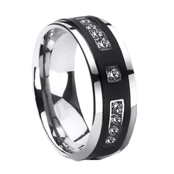 8mm Men Simple Ring Atmospheric Black White Inlaid Crystal Rings Wedding Engagement Band Cocktail Party Jewelry For Men