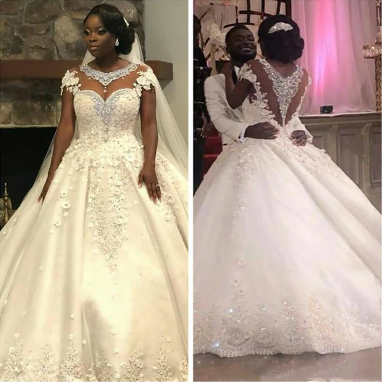 Vestido de novia árabe con flores 3D de cuello transparente, de lujo, encaje africano con cuentas y cristales, boda personalizada, 2021