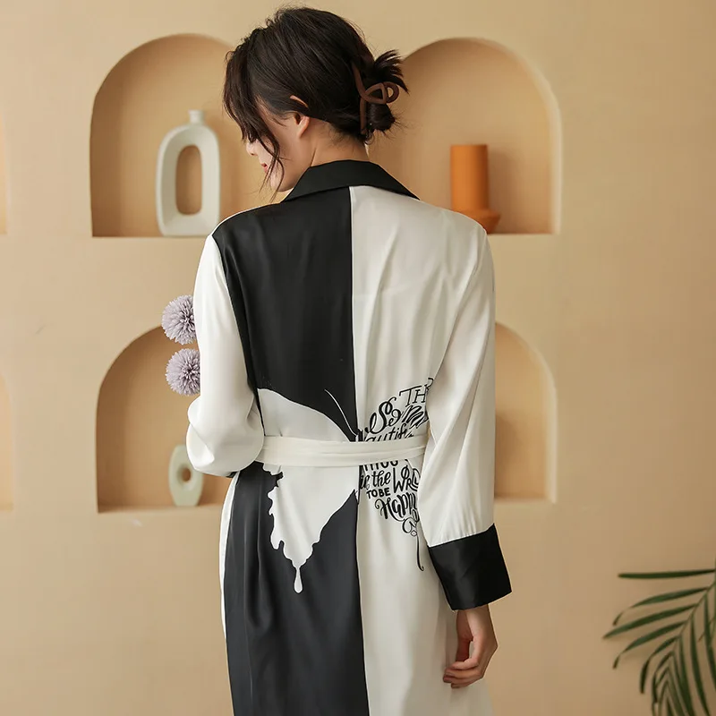 

White Butterfly Letter Print Kimono Robe Gown Women Spring New Satin Home Dress Full Sleeve Nightgown Turn-down Collar Sleepwear