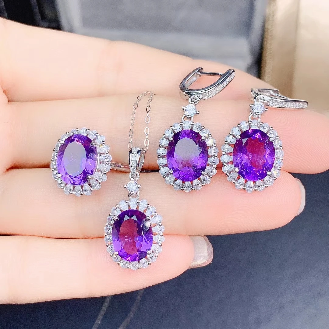 KJJEAXCMY fine jewelry 925 sterling silver inlaid natural Amethyst women vintage elegant gem earrings ring pendant suit support