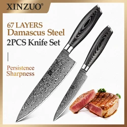 XINZUO 2PCS Kitchen Knives Set 67 Layers Damascus 8''Chef 5''Utility Knife High Carbon Stainless Steel Pakka Wood Handle