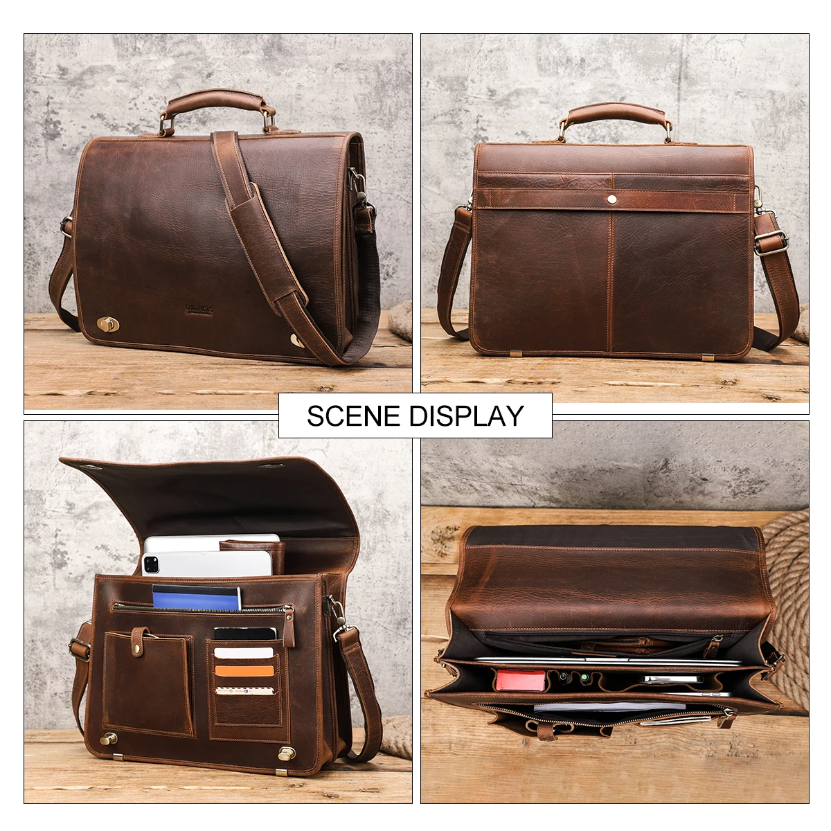 Vintage Genuine Leather Men Briefcase for Business Portfolio Document Laptop 15.4 inch Suitcase Men\'s Shoulder Messenger Bag