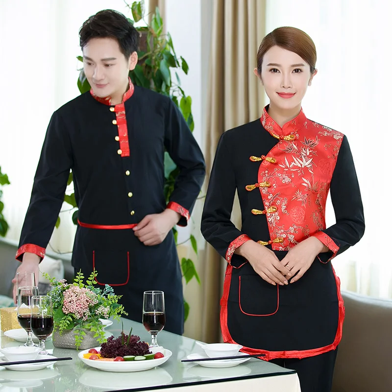 Chinese Traditionele Restaurant Zwart Lange Mouwen Werk Shirt en Schort Set Hot pot Winkel Ober Uniformen Hotel Werken Kleding