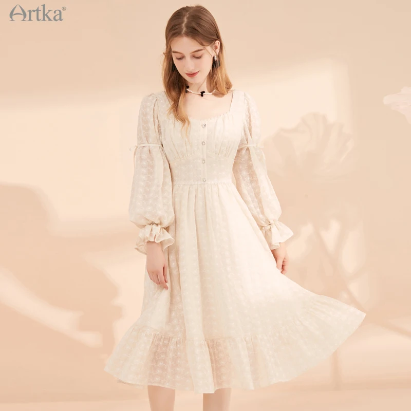 ARTKA 2021 Early Autumn New French Square Collar Embroidery Chiffon Dresses Long Puff Sleeve Ruffle Midi Dress Women LA22012Q