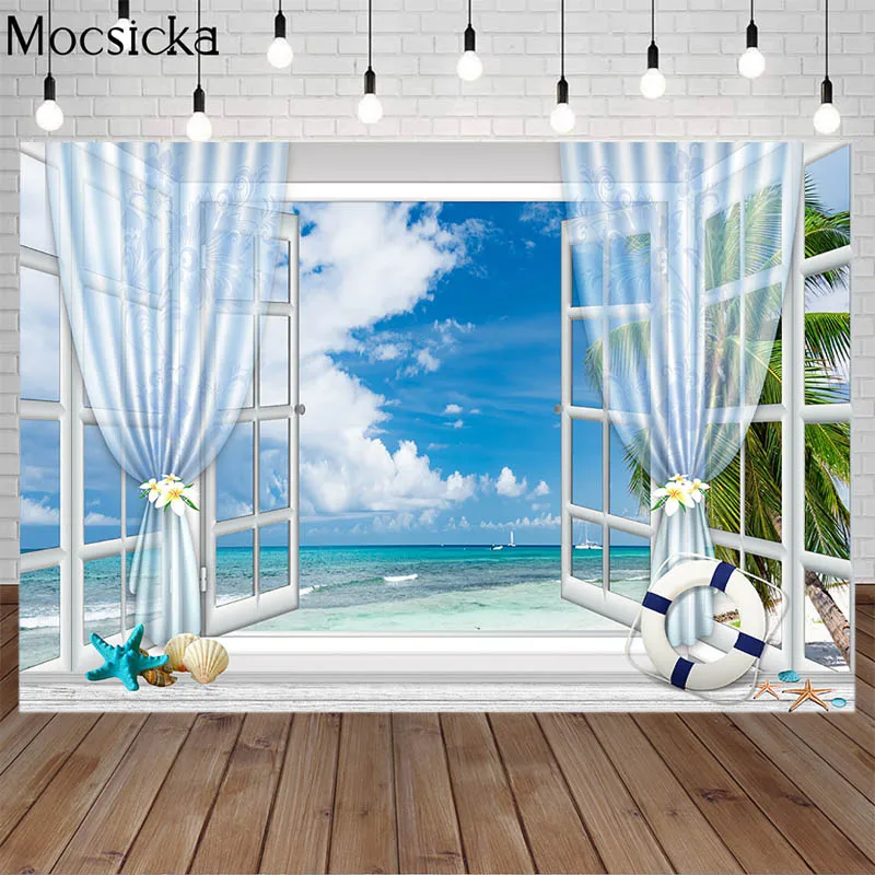 Mocsicka Window Summer Backdrop Sea Beach Palms Tree Starfish Conch Shell Baby Birthday Photography Background Prop Photo Studio