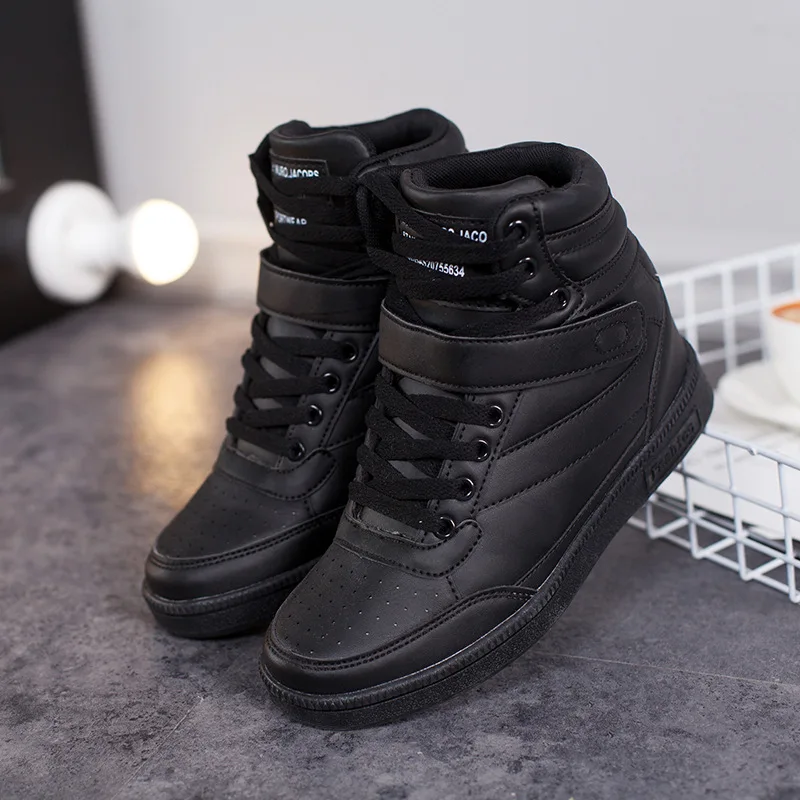 Women Sneakers Hidden Height Increasing autumn winter shoes PU Leather Shoes Woman High Top White Black Shoes ST213