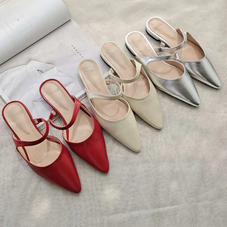 South Korea Net Red Pointed Half Slippers 2020 Summer New Silver Color Baotou Flat Slipper Women's Slipper Lazy