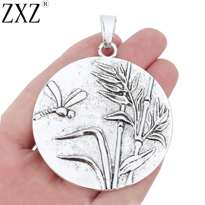 Bohemian Tibetan Silver Large Carved Dragonfly Reed Round Charms Pendants for Necklace Jewelry Making Findings 68x60mm