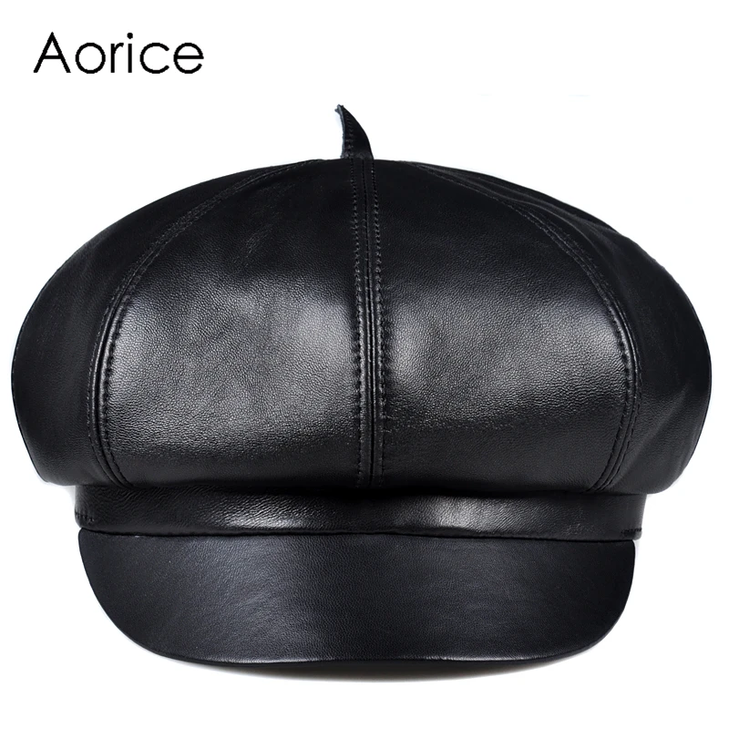 

Aorice Man Real Leather Cap Hat 2021 New Sheep Leather Beret Newsboy Caps Artist Hats HL903