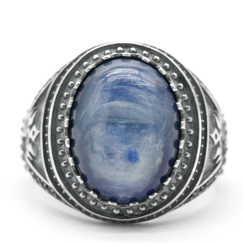 New blue natural kyanite ring 925 sterling silver men's ring castle Constantinople, Türkiye Vintage Signet ring gift wedding luc