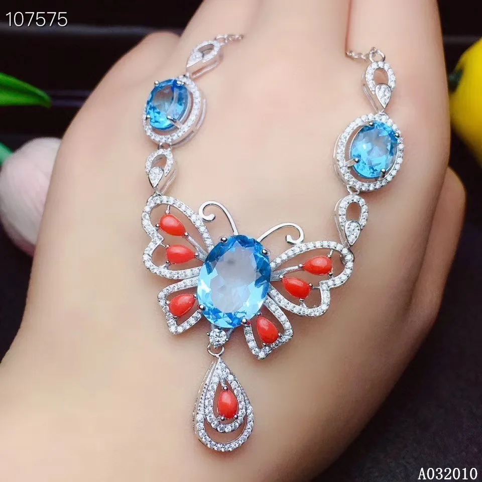 

KJJEAXCMY fine jewelry 925 Sterling Silver inlaid natural red coral blue topaz classic girl new Pendant Necklace support test