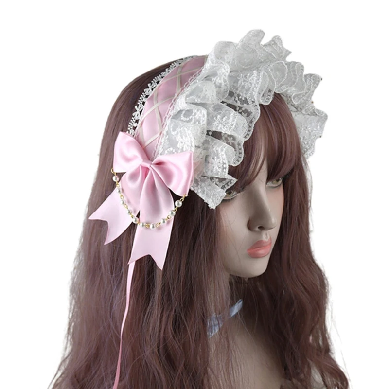 Ruffled Lace Headpiece Headband Japanese Style Crisscross Ribbon Pearls Maid Headdress Vintage Lolita Dress Accessories for Girl