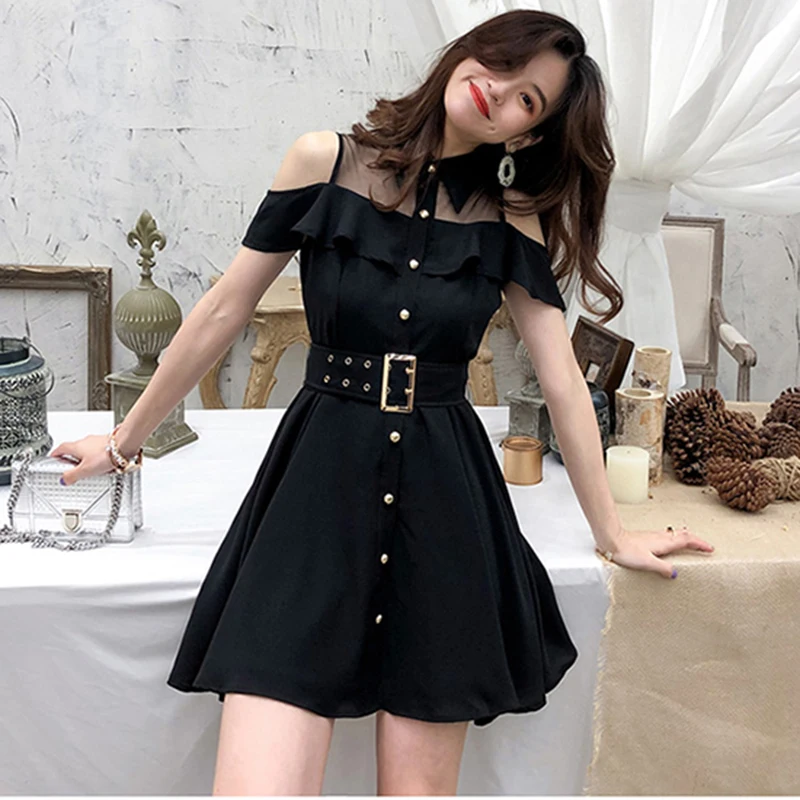 Women\'s Single-Breasted Gothic Dress Black Off Shoulder Mesh Patchwork Female Mini Dresses Belted New Summer 2024