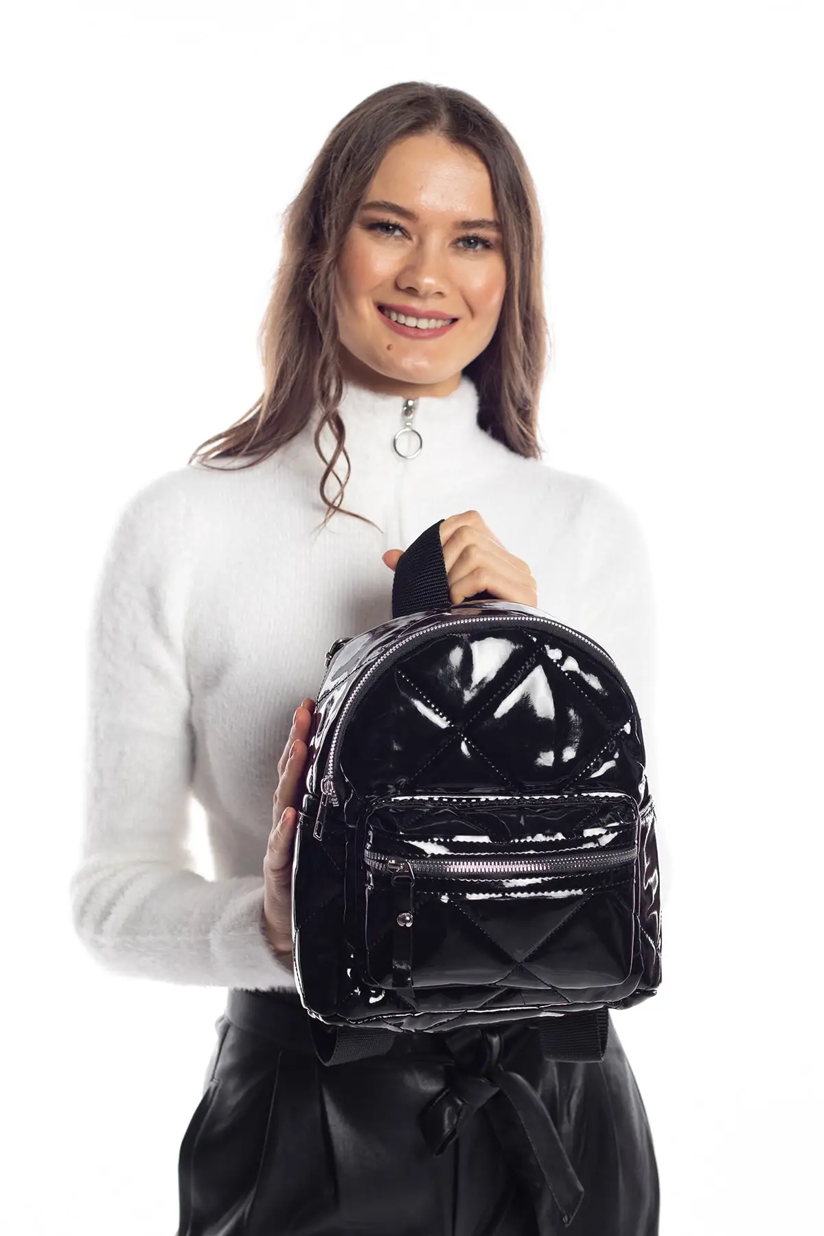 Zwart Gelakte Lederen Vrouwen Rugzak