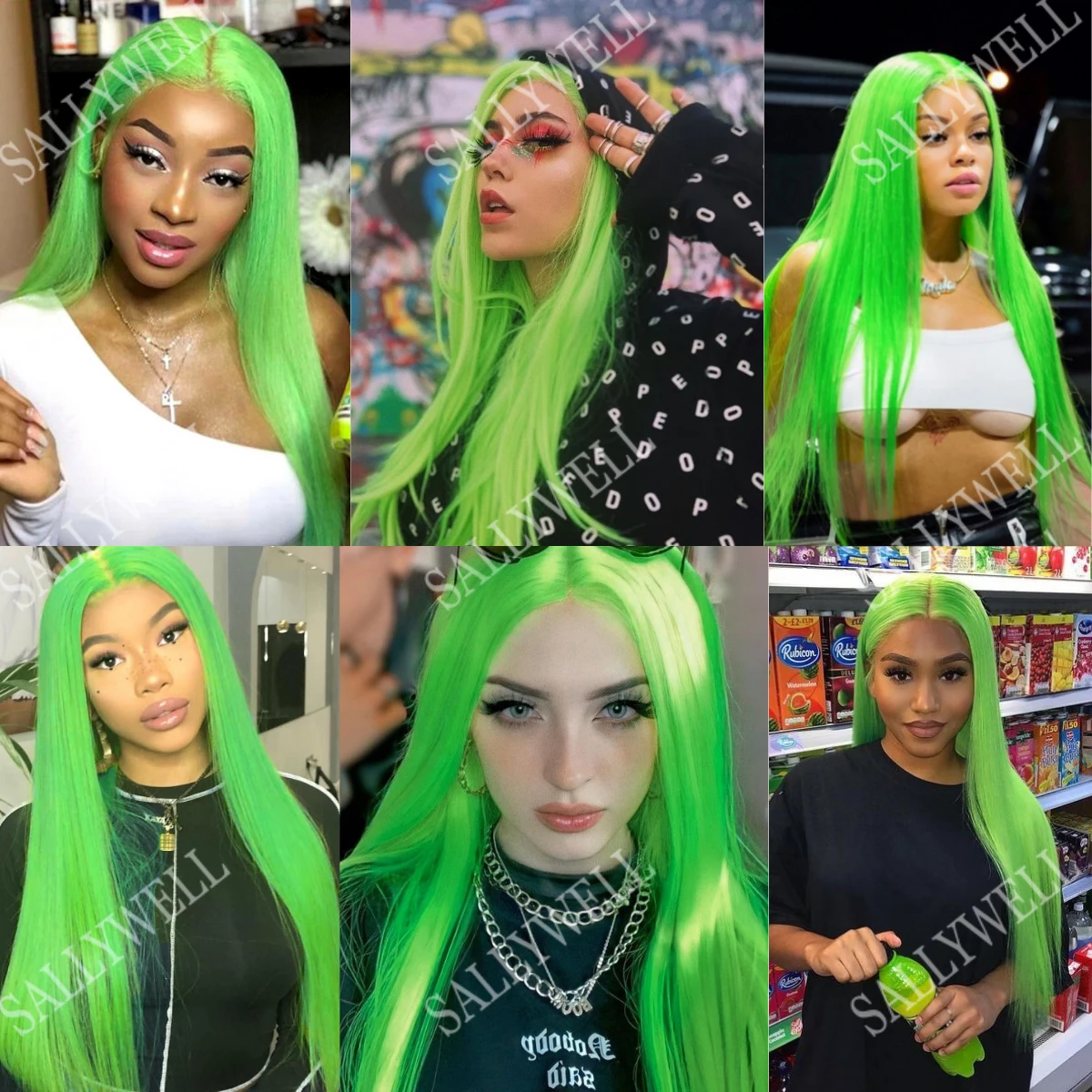 Synthetic Lace Wigs with Natural Hairline Long Straight Hair Lime Green Color Wigs for Fashion Women