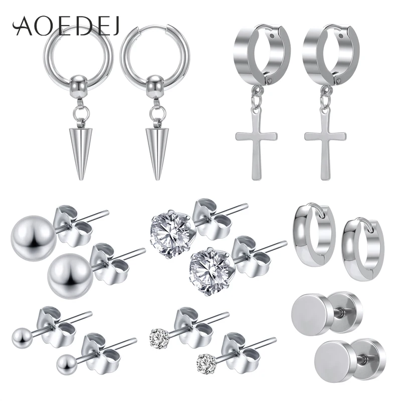 AOEDEJ 18PCS/LOT 316L Stainless Steel Earrings Black Silver Color Punk Style Cross Earring for Men Gip Hop Ear Round Studs