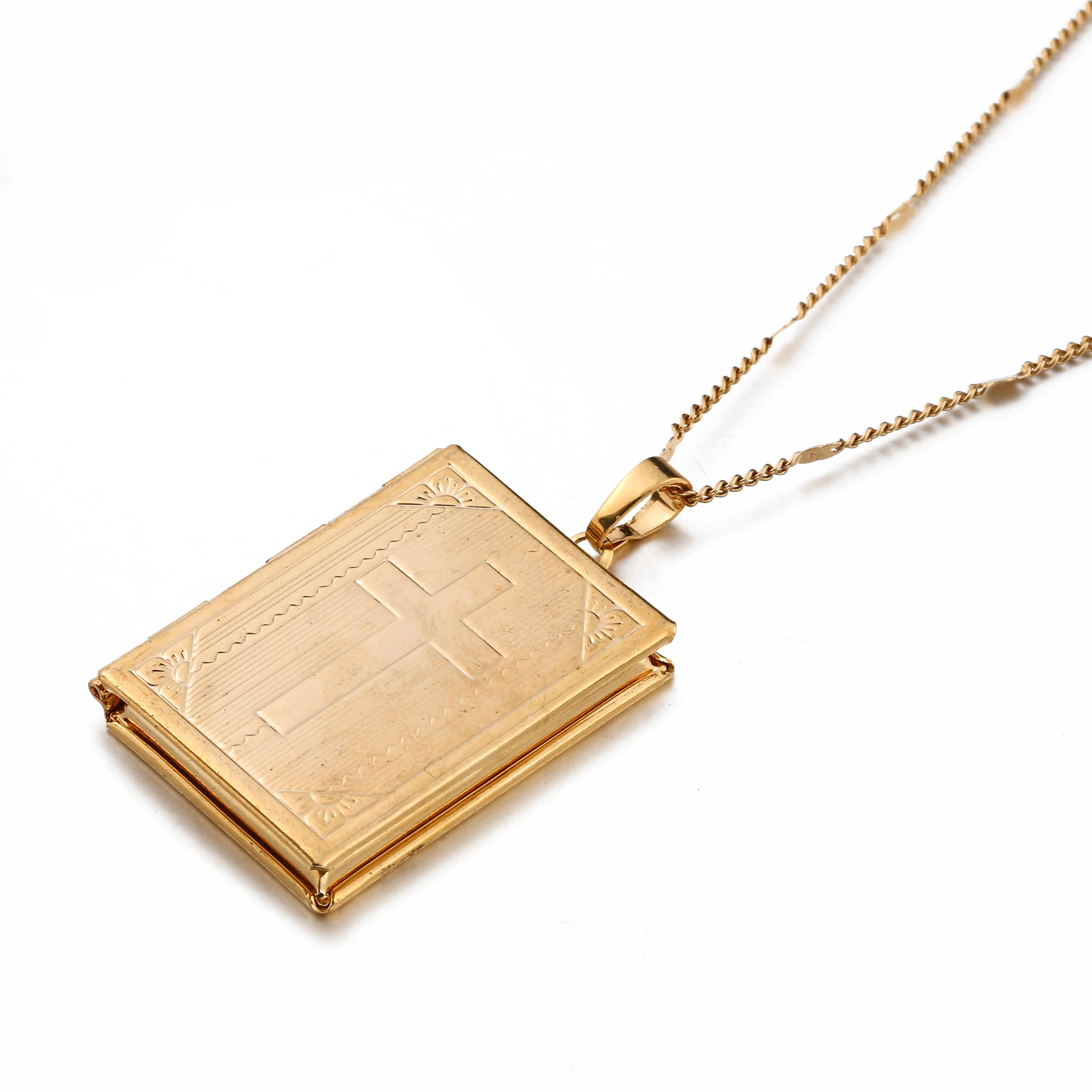 Nuovo Design catena d'oro intagliato croce libro della bibbia cornice per foto ciondolo apribile medaglione collane per donna uomo gioielli