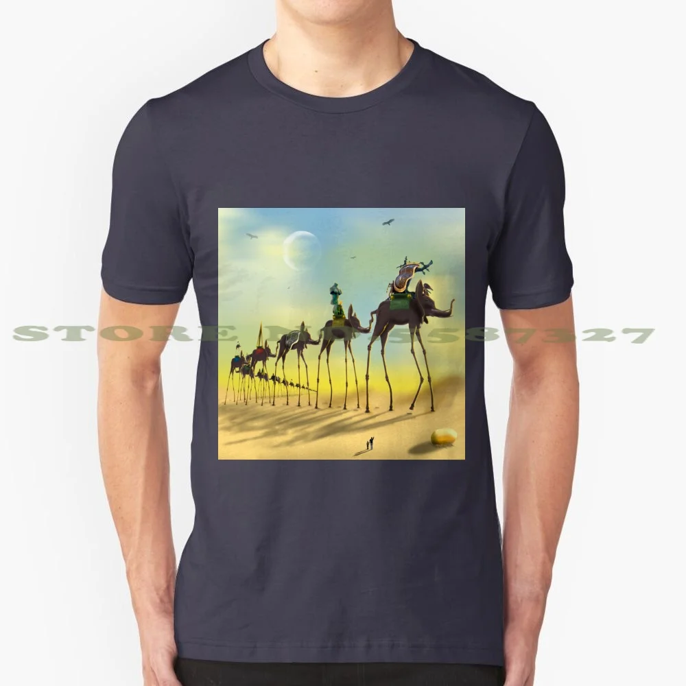 On The Move Sq 100% Cotton T-Shirt Surrealism Elephant Caravan Long Legs Dali Like Art Crescent Moon Woman Child Eggs Birds