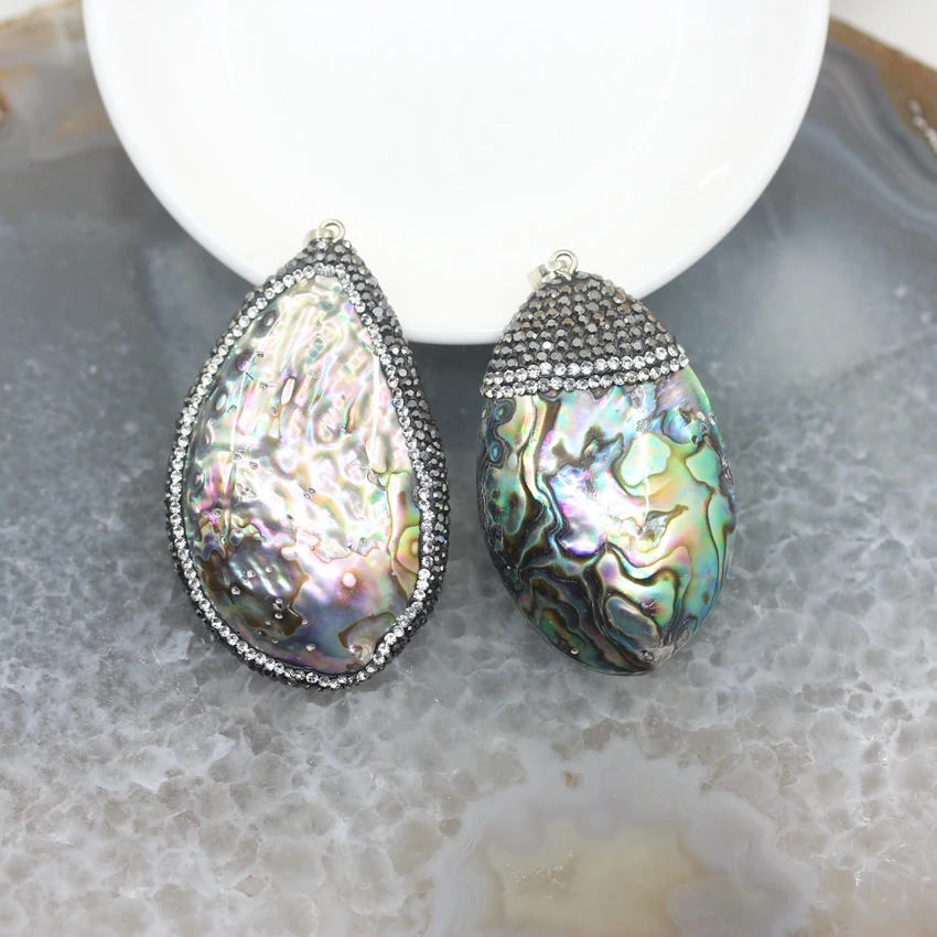 5pcs,Large Size Natural Abalone Shell Paved Rhinestones Pendants,Genuine Rainbow Paua Shell Necklace Charms Jewelry Wholesales