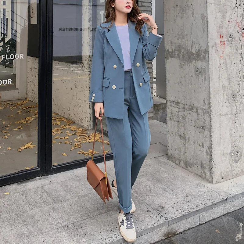 BGTEEVER Fashion Women Blazer Suits Long Sleeve Double- breasted Blazer Pants Suit Office Ladies Two-piece Blazer Sets 2020