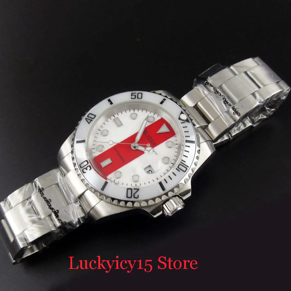 BLIGER Sapphire Glass Automatic Wristwatch Men MIYOTA Movement Date Function Mental Bracelet Deployment Clasp Red White Dial