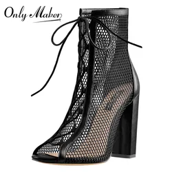 Onlymaker  Peep Toe Mesh  Chunky Heel Black Lace Up Mesh Ankle Booties Sandals