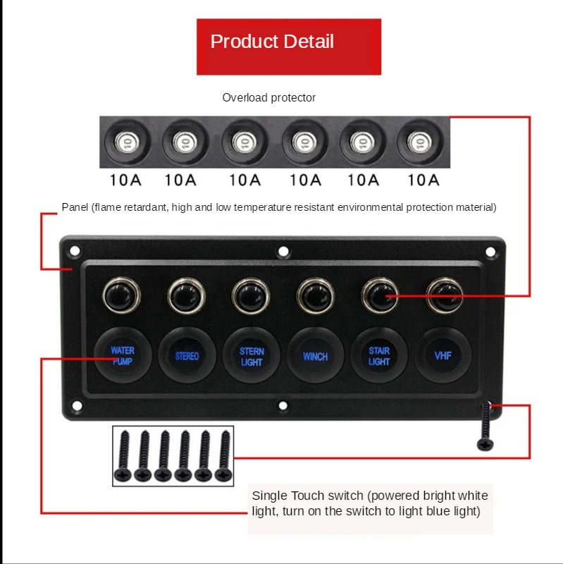 12V/24V 6 Gang Pre Wired LED Switch Panel Slim Touch Screen Circuit Breaker DIY Sticker for Cars RV Marine Boat Yacht