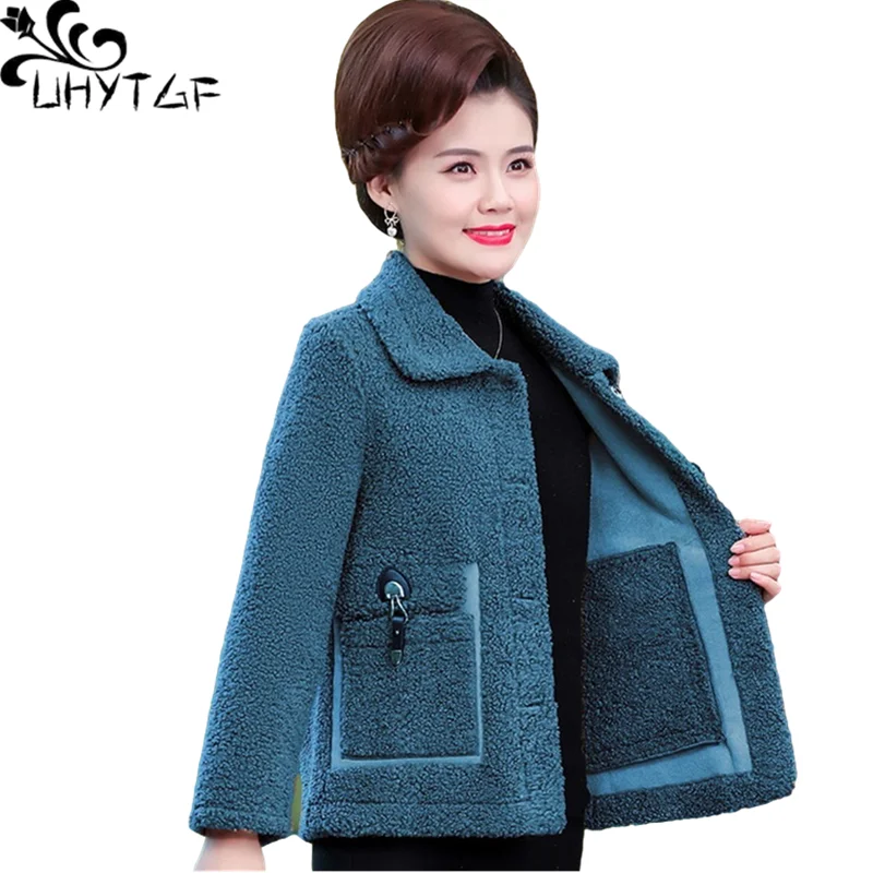 UHYTGF Elegant Winter Coat Women Lamb Cashmere Casual Short Warm Jacket Fashion Pocket Temperament Women Big Size Outwear 1220