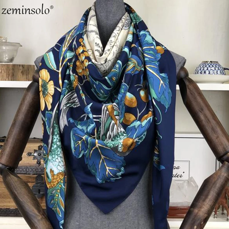 Fashion 100% Twill Silk Women Scarf Bandana 130*130cm Floral Printed Square Scarves High Quality Gift Large Silk Shawls Stoles