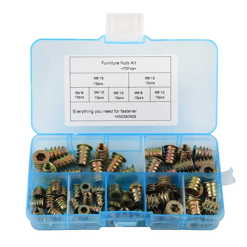 70Pcs/Set M4/M5/M6*8/10/13 Zinc Alloy Thread For Wood Insert Nut Flanged Hex Drive Head Furniture Nuts Assortment Kit