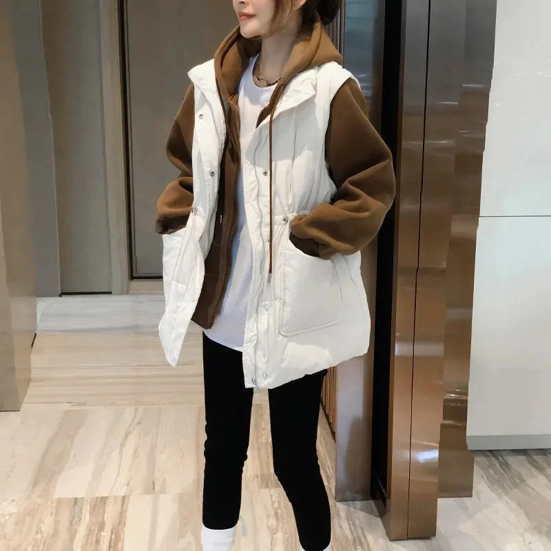 Down Cotton Jacket Fashion Casual Fake Two-Piece Coat Women 2023 Autumn And Winter New Splicing Sweater Hooded Waist Vest M188