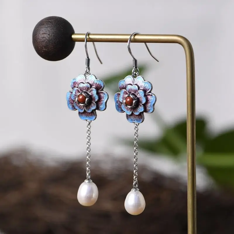 Natural Khotan jade  New silver burnt blue enamel inlaid  pearl long earrings Chinese style retro charm ladies brand jewelry