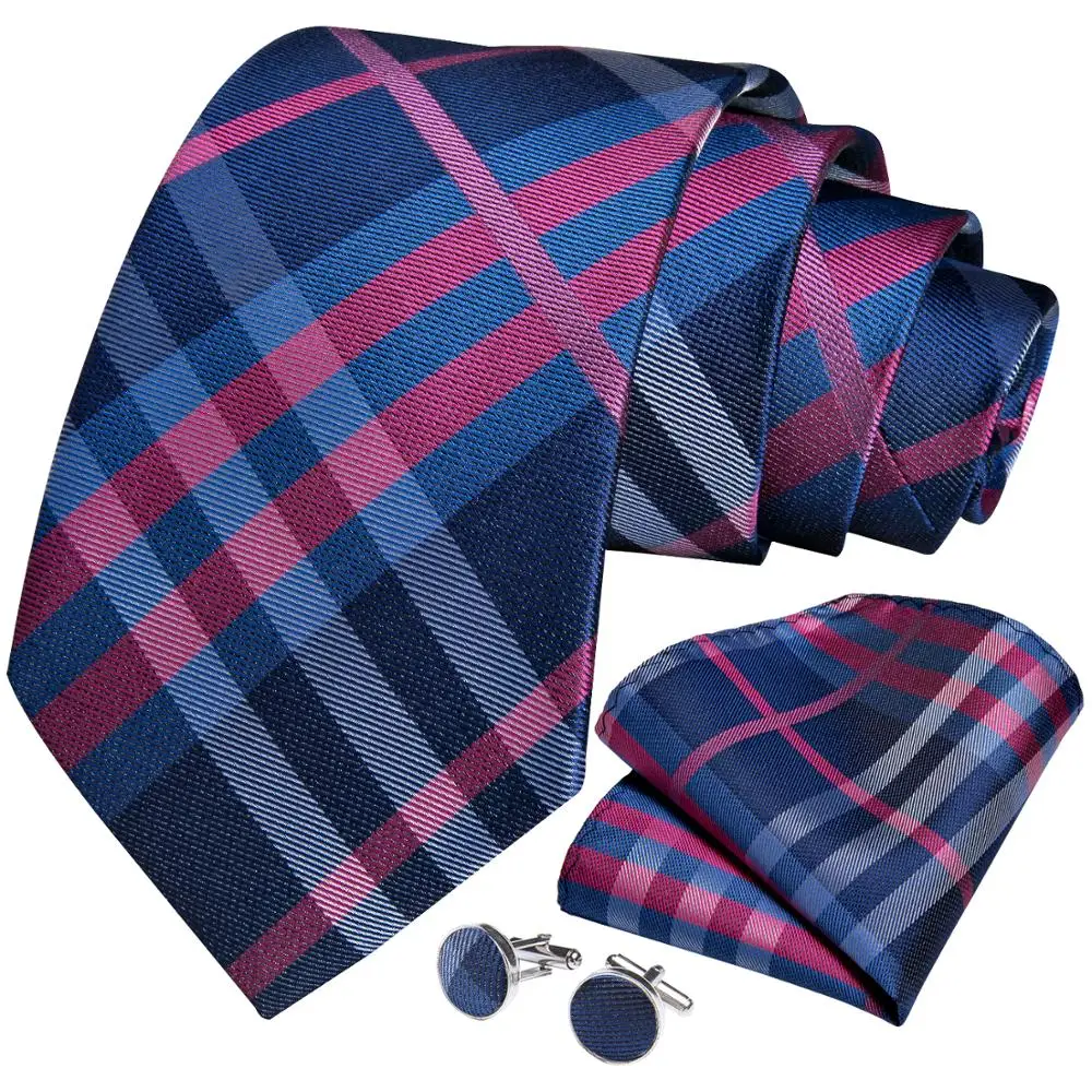 Men Necktie Purple Blue Plaid Silk Wedding Tie For Men Hanky Cufflinks Tie Set DiBanGu New Designer Business Party SJT-653